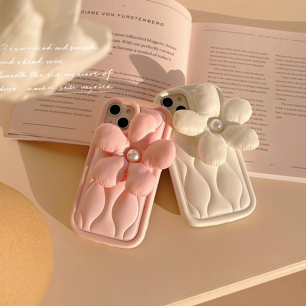 Ốp Điện Thoại TPU Dẻo Màu Trắng Hồng Họa Tiết Hoa 3D Dễ Thương Cho iPhone 14 13 12 11 Pro Max Plus