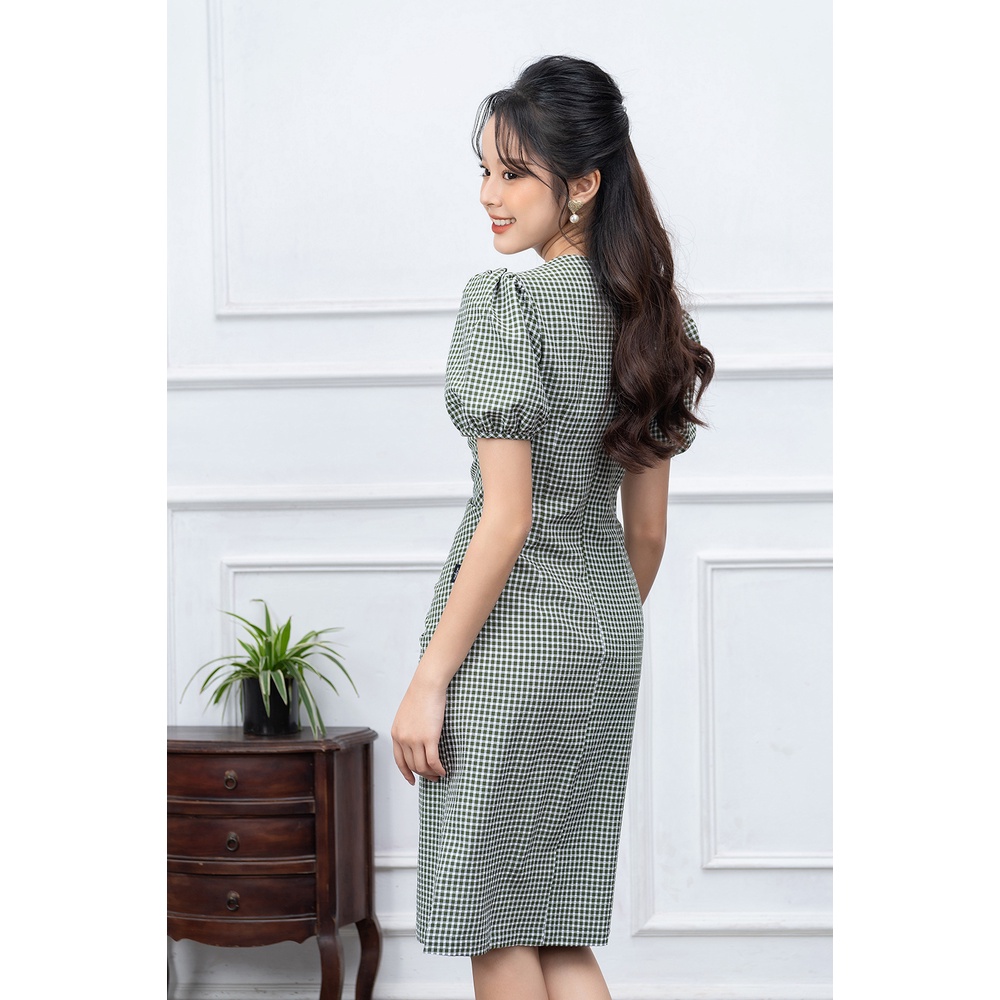 Váy Công Sở Thiết Kế LUPERI Cổ Tròn Thanh Lịch, Eo Cách Điệu, Chất Kẻ Hàn Cao Cấp LFV3275