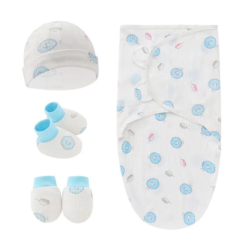 Set 4 Món Gồm Khăn Quấn + Mũ + Găng Tay + Vớ Cotton Cho Bé Sơ Sinh 0-6 Tháng