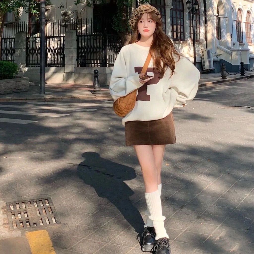 Set áo sweater phối chân váy nhung dáng chữ a thời trang thu đông Hàn Quốc cho nữ 2022