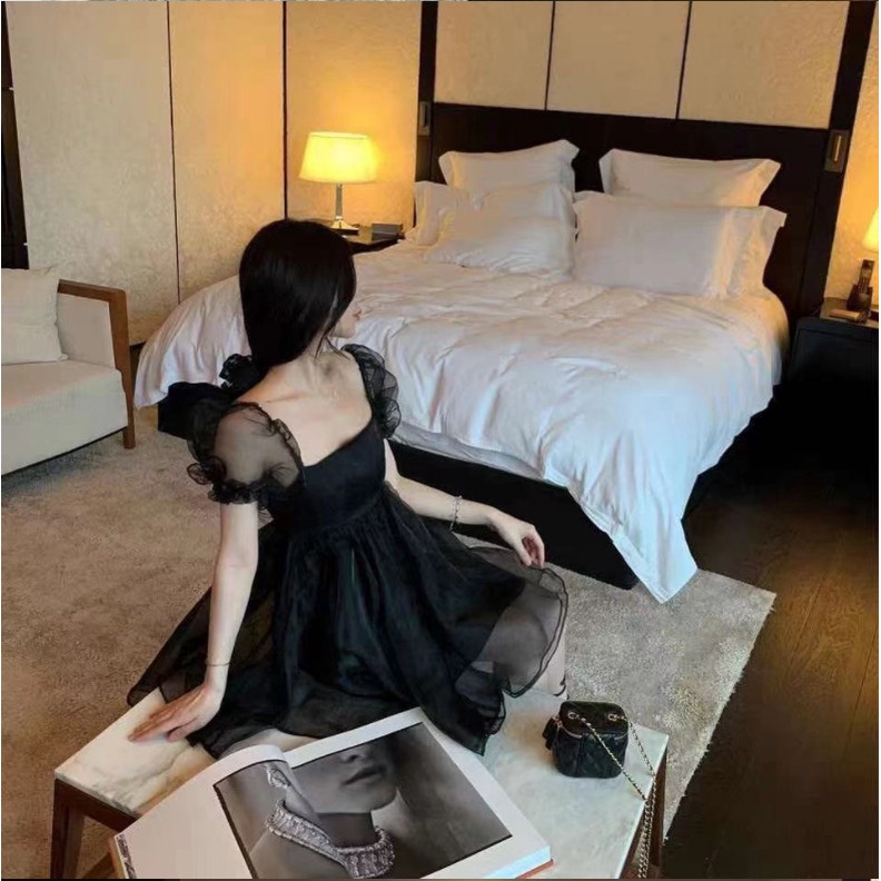 Váy babydoll nữ tay phồng Cổ vuông V037 Đầm công chúa tiểu thư dáng xoè chất voan 2 lớp bồng bềnh phong cách hàn quốc