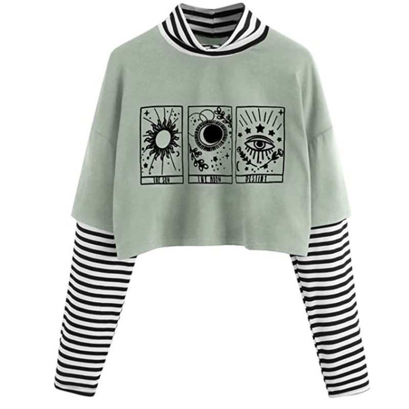 Xiangbao Áo Crop Top Giả 2 Mảnh Tay Dài Cổ Lọ In Họa Tiết Mặt Trời Mặt Trăng Đồ Họa Màu Tối Cho Nữ