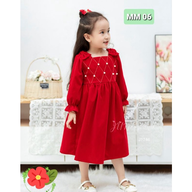 XẢ THU ĐÔNG Váy Bé Gái Dài Tay Noel Tết 1-10 Tuổi, Đầm Xinh Cho Bé Nhung Tuyết 2 Lớp Màu Đỏ Tươi Ngọc May Nơ