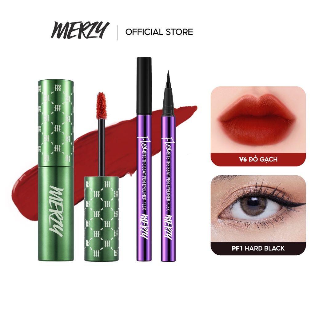 Combo Son Kem Lì Merzy The First Velvet Tint 4.5g (V6 Green vỏ xanh) + Bút kẻ mắt Merzy Pen Eyeliner Flex 0.6g