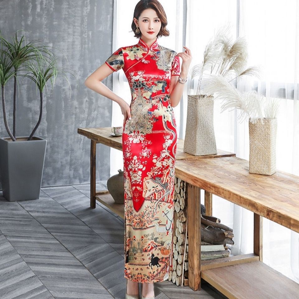 Đầm Sườn Xám Cách Tân Dáng Ôm Dài In Họa Tiết Mèo Thời Trang Cao Cấp Cho Nữ
