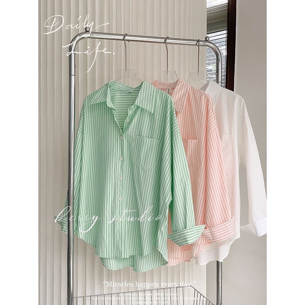 Áo Sơ Mi Mỏng Dáng Rộng Tay Dài Kẻ Sọc Màu Xanh Lá Thời Trang Xuân Thu Dành Cho Bạn Nữ Plus Size 2394