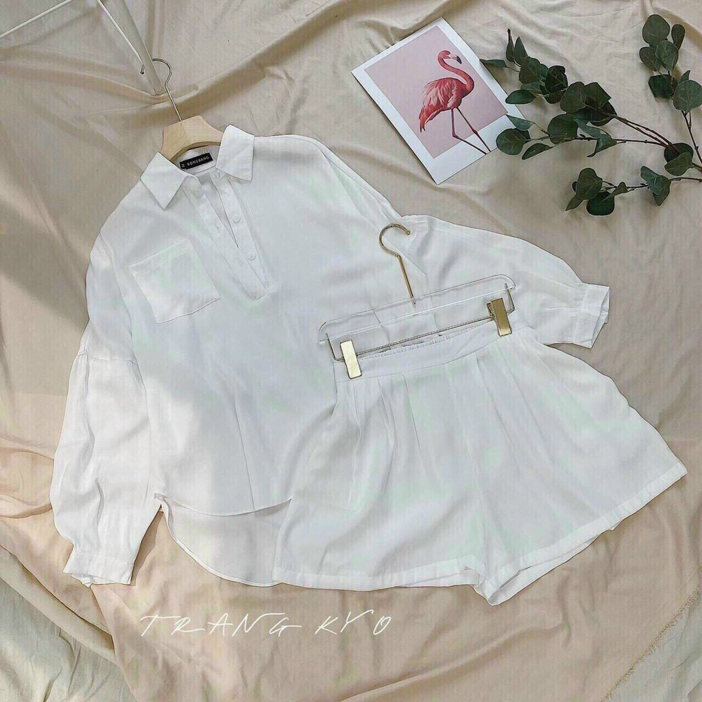 [11.11 Sale Freeship] Set bộ đùi sơ mi nữ,bộ áo tay dài có túi ngực mix quần short đùi có túi đi chơi dạo phố sang short