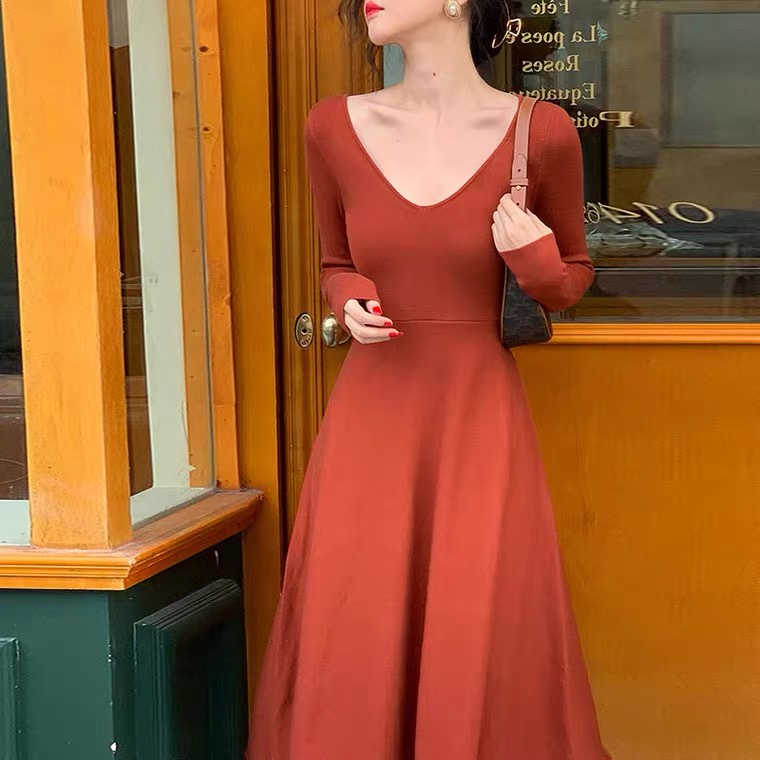 Đầm midi nữ SUXI dệt kim cổ V ôm dáng eo cao thời trang mùa thu