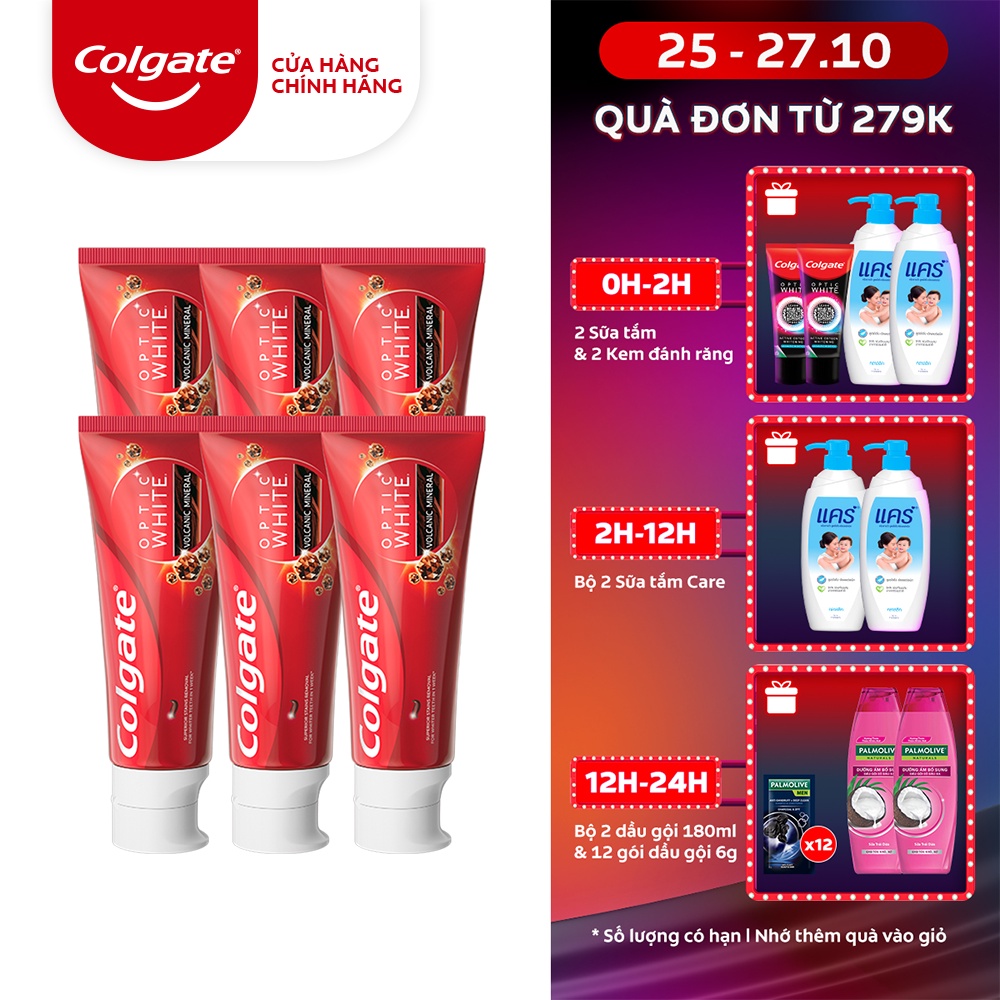 Bộ 6 kem đánh răng Colgate trắng răng Optic White làm trắng sáng từ khoáng núi lửa Hàn Quốc 100g/tuýp