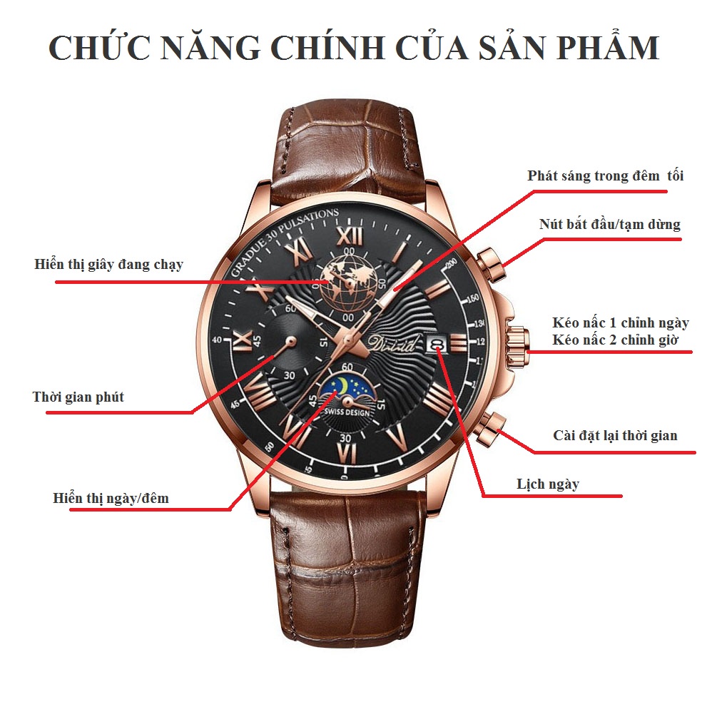 Đồng hồ nam dây da cao cấp DIZIZID chống nước tốt - Chạy full 6 kim và lịch ngày - Kim dạ quang - Tặng kèm pin dự phòng