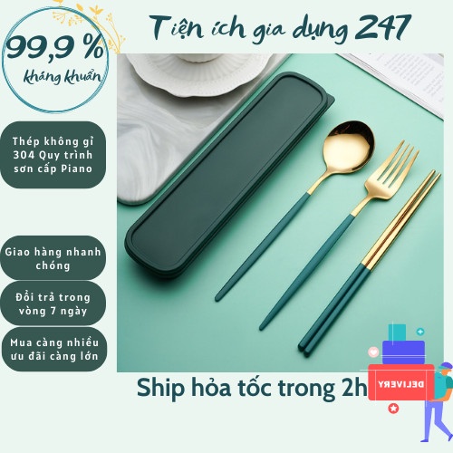 Bộ thìa đũa muỗng dĩa inox 304 mạ vàng cán dài cao cấp sang chảnh Dụng cụ cá nhân ăn cơm văn phòng dã ngoại