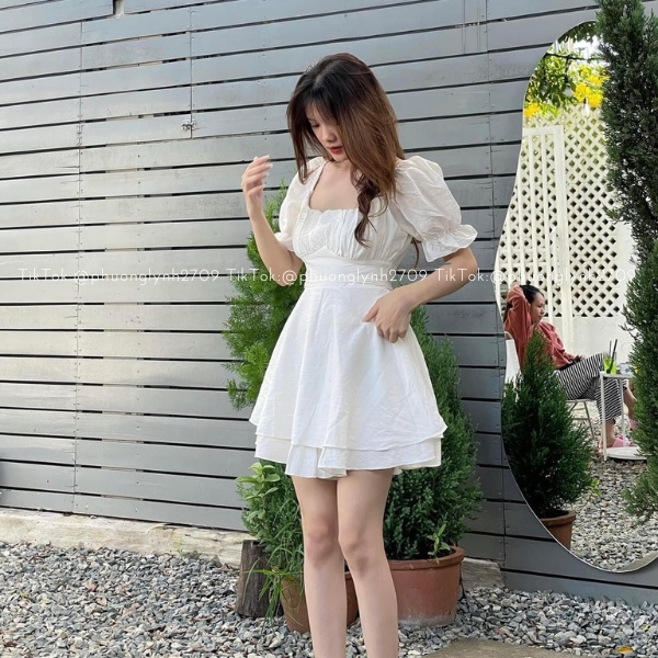 Đầm xoè cột nơ lưng, jum ngắn cổ vuông tay bồng,váy trắng tiểu thư siêu xinh PLĐ84