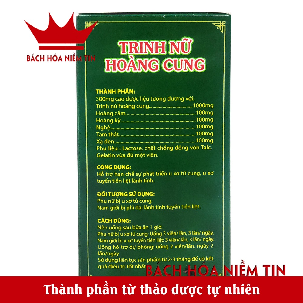 Viên uống Trinh nữ Hoàng Cung - Thành phần tam thất, xạ đen, trinh nữ hoàng cung giúp ngăn ngừa U xơ, u vú, Hộp 50 viên