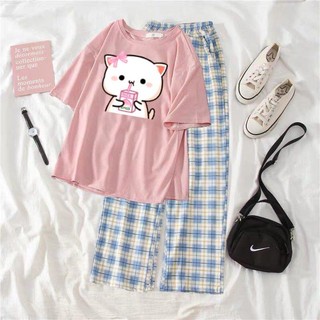 Sét áo mèo hút sữa kèm quần ống rộng và quần kẻ siêu cute - Tại Ly Ly Shop