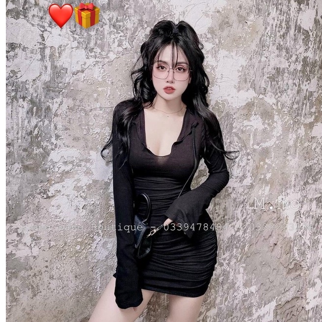 Đầm tay dài cổ tim loe cuốn biên ôm body nhúm sườn cực xinh , chất thun gân mềm mát