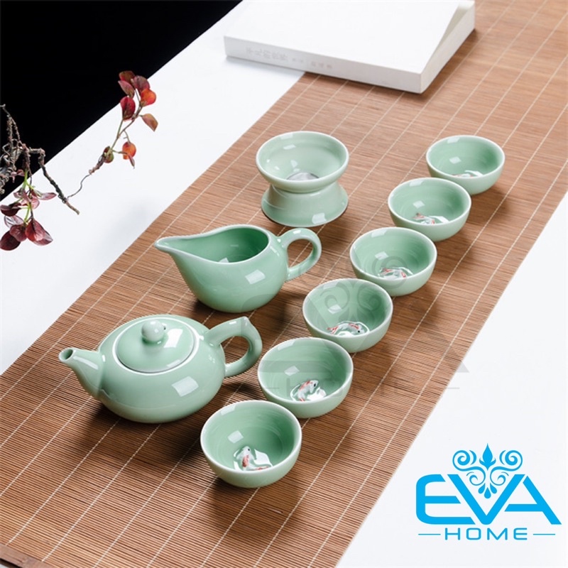 Bộ Bình Trà Men Ngọc Nhạt Gồm Ấm Và 6 Chén Trà Có Hình Cá 3D Sang Trọng