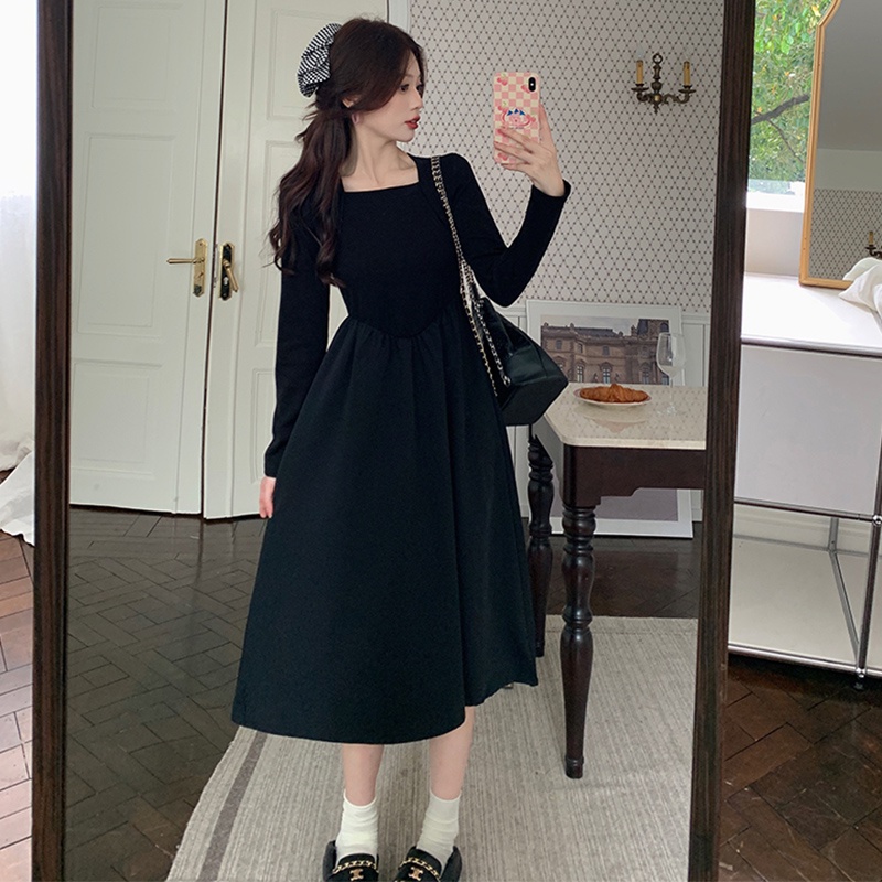 Đầm Chữ A Dài Tay Cổ Vuông Phong Cách Vintage Thời Trang