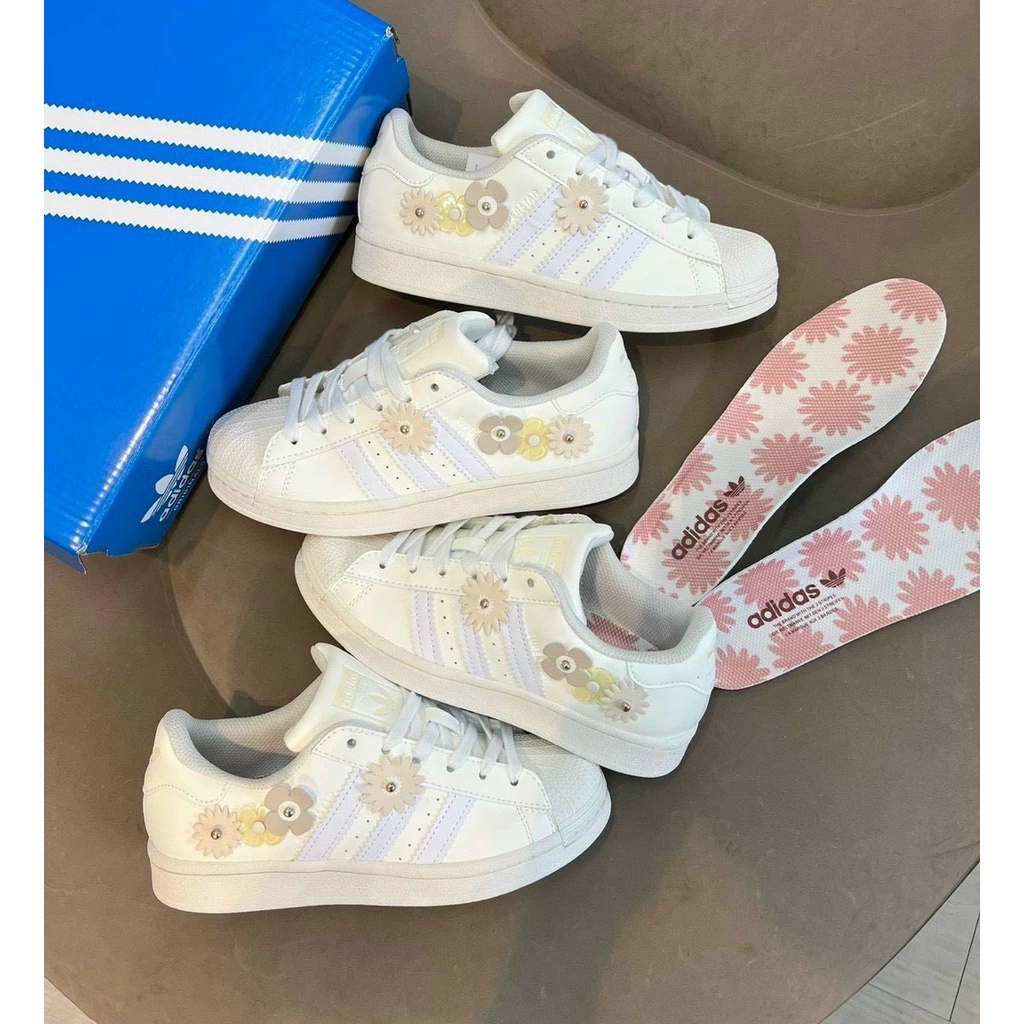 Giày Adidas Superstar Das Sò 3 Màu Kem, Hồng, Xanh, Giày thể thao Adidas Sò hoa  Trắng bản đặc biệt {tặng box bảo vệ}