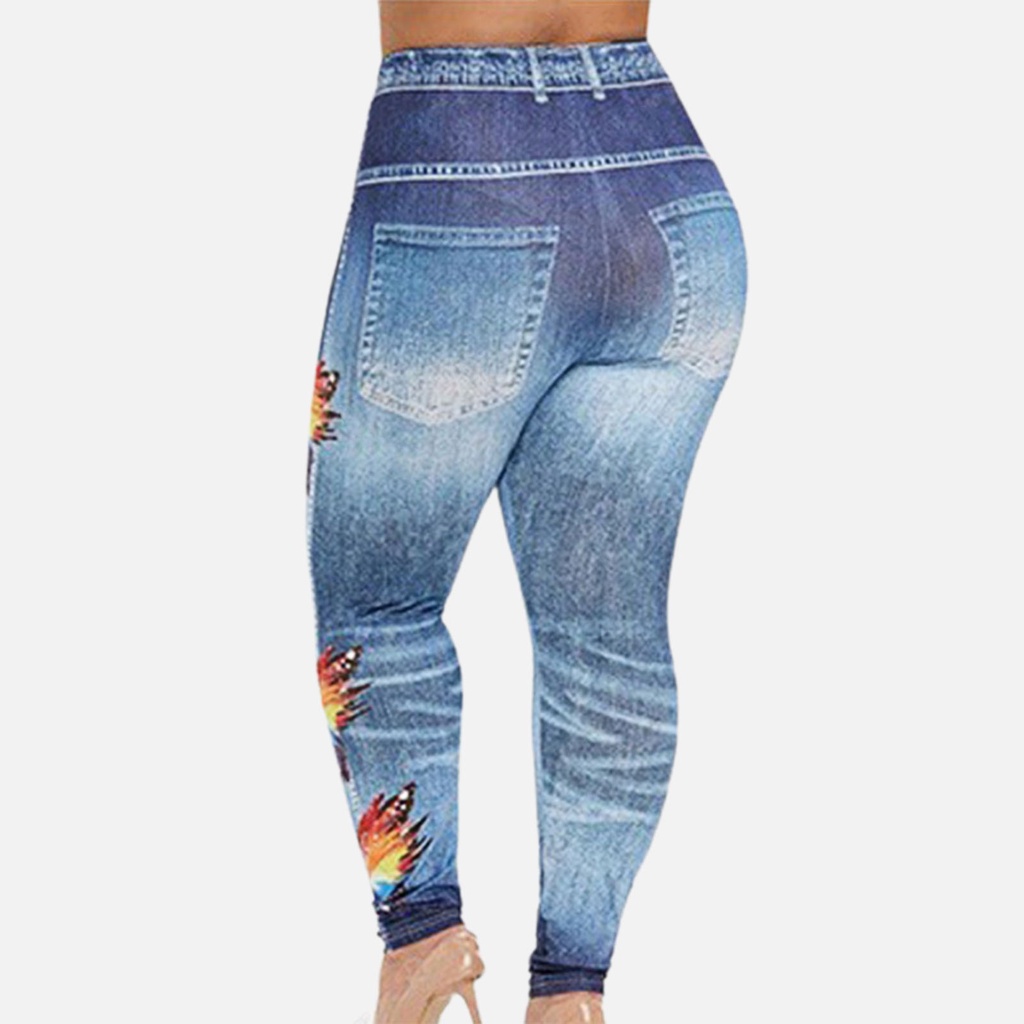 Ga-multi Quần Legging Giả Jean Có Túi In Hình Bướm Lưng Cao Co Giãn Tập Yoga Chạy Bộ