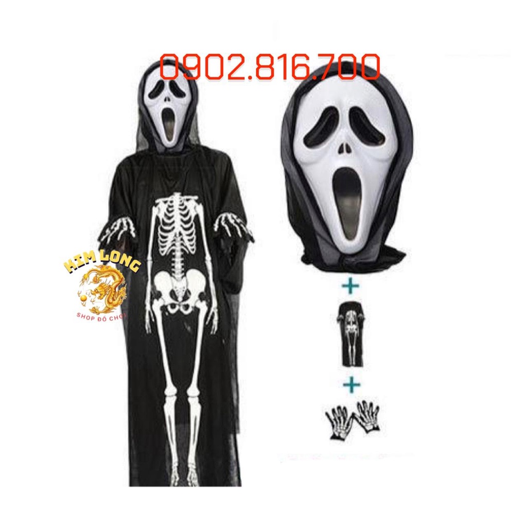 Sét 3 món Áo Choàng có nón và găng tay và mặt nạ hình Bộ Xương cho trẻ em và người lớn trang phục hóa trang HALLOWEEN