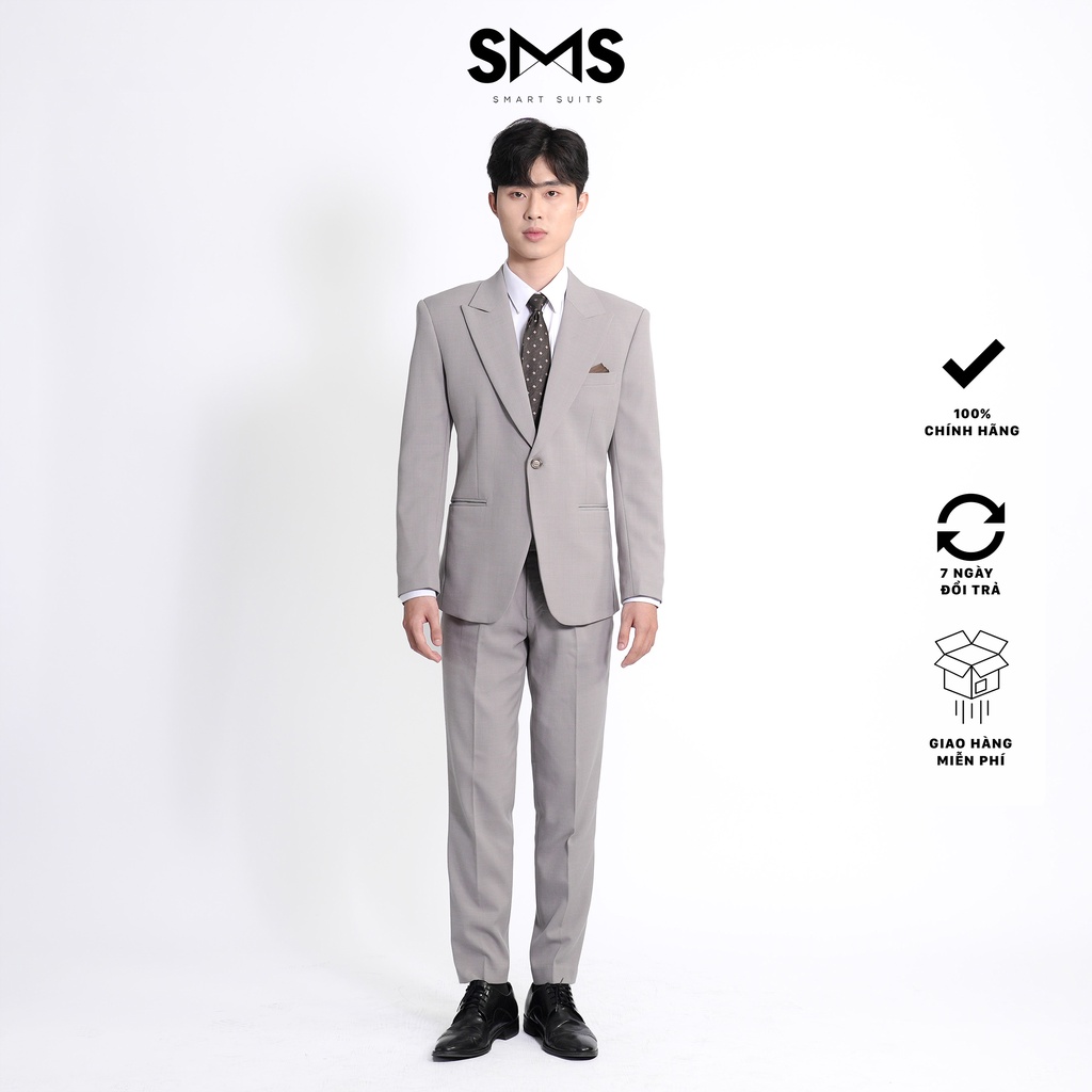 Bộ vest nam ghi sáng, 1 khuy 2 túi, form ôm Smart Suits