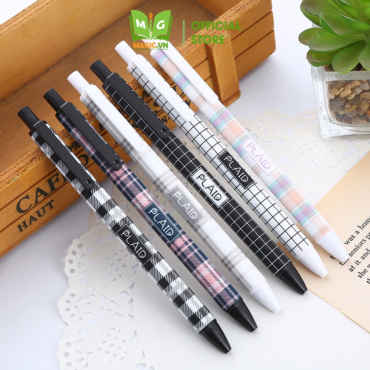 Bút Bi Nước Mực Gel Đen Cute Bấm MAGIC Ngòi 0.5mm Kẻ Sọc Caro, Văn Phòng Phẩm, Đồ Dùng Học Tập Dễ Thương Giá Rẻ BM14