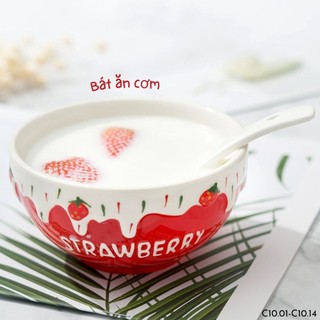 Bộ bát đĩa dâu tây đỏ sữa phủ chảy