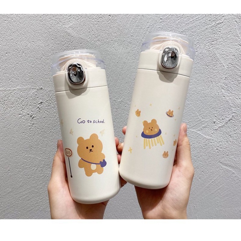 Bình nước giữ nhiệt gấu nâu nắp trong phong cách hàn quốc cao cấp