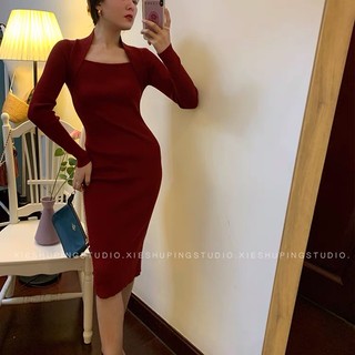 Váy len tăm đỏ cổ vuông tay dài dáng body dài basic