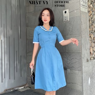 Đầm Công Sở NHẬT VY Dáng Xòe Đính Cúc Chất Kaki Thun Màu Nude, Xanh - D2310