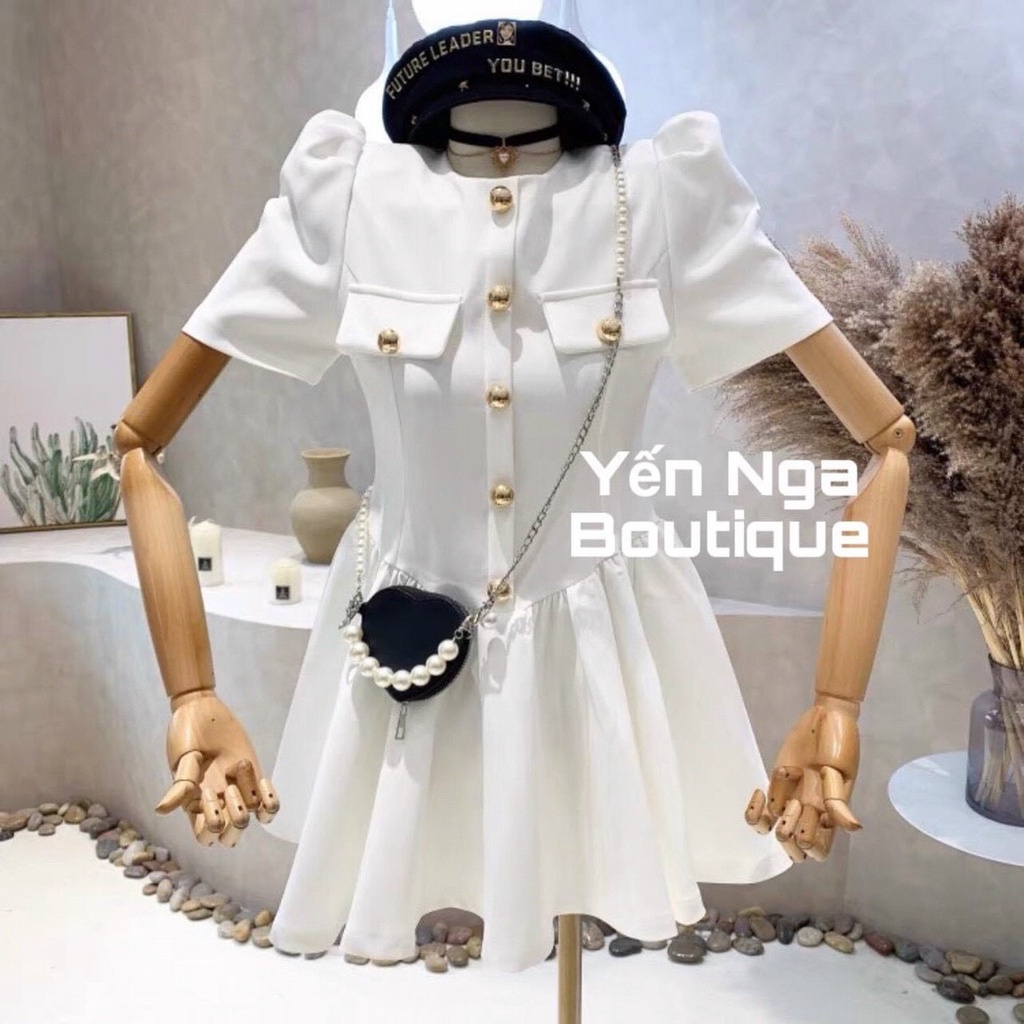 [11.11 Sale Freeship] Đầm dự tiệc nữ,đầm lụa xếp ly cổ tròn tay ngắn đính khuy ôm eo hai màu đen trắng sang trọng mtb