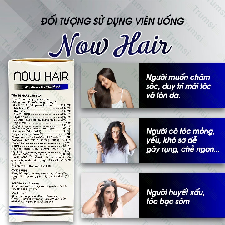 Viên uống hỗ trợ mọc tóc Now Hair L-cystine Hà Thủ Ô Đỏ giúp giảm xơ rối gãy rụng làm đen cải thiện tóc bạc sớm và hói