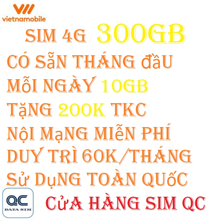 Sim 4G vietnamobile 300GB tặng 100k trong tài khoản nội mạng miễn phí có sẵn tháng đầu