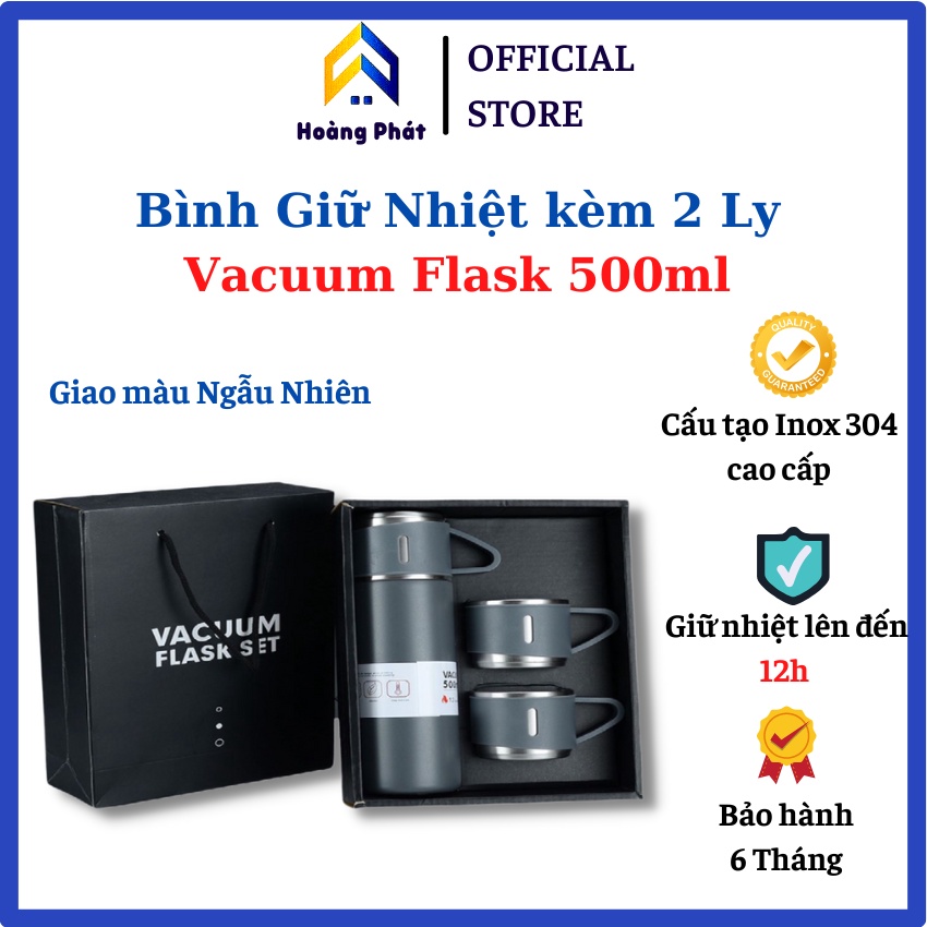 Bình Giữ Nhiệt Vacuum Flask 500ml kèm 2 Ly. Chất liệu Inox cao cấp, Giao màu ngẫu nhiên Cấp. Bảo hành 6 tháng