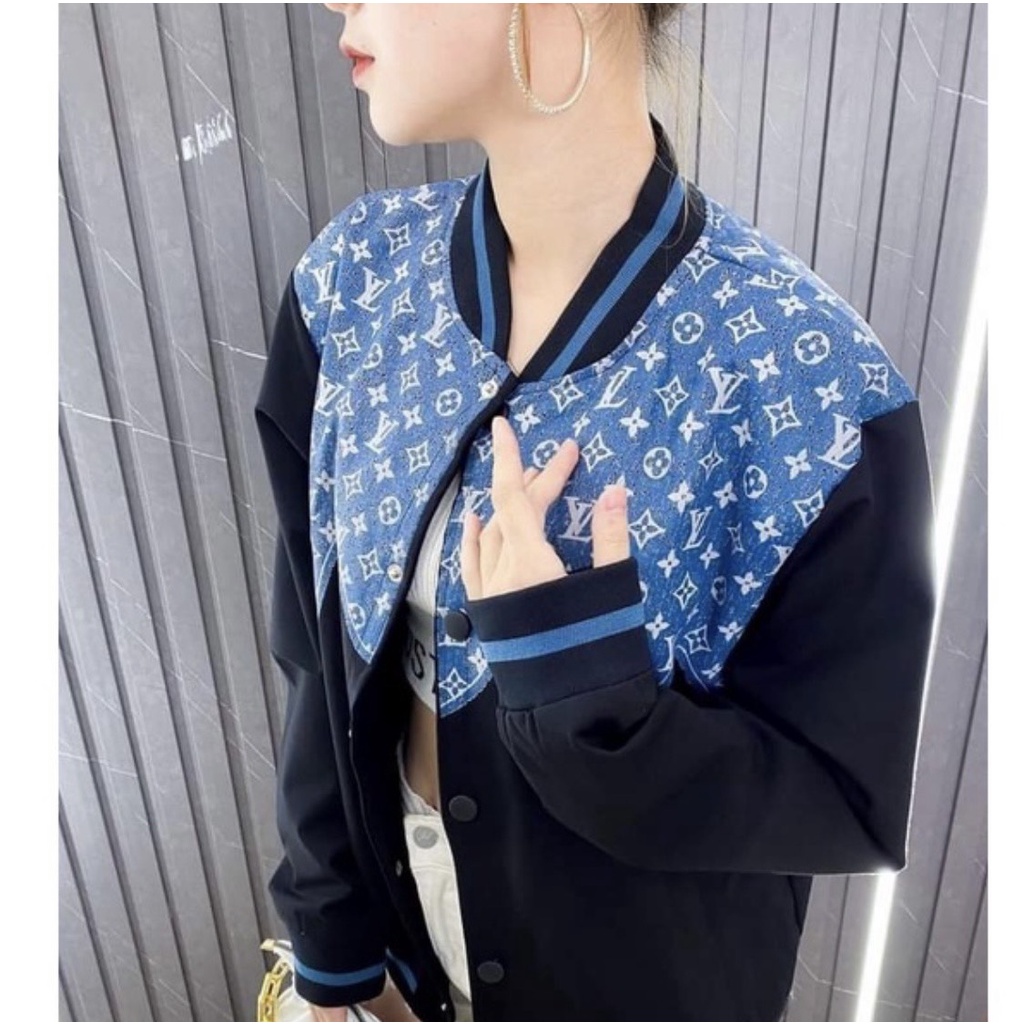 Áo Khoác Bomber Lv Viền Xanh Cao Cấp Chất Liệu Nỉ Dày Dễ Phối Đồ