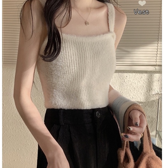 Áo 2 dây nữ len lông mùa thu đông, áo croptop nữ 2 dây trơn màu 9138