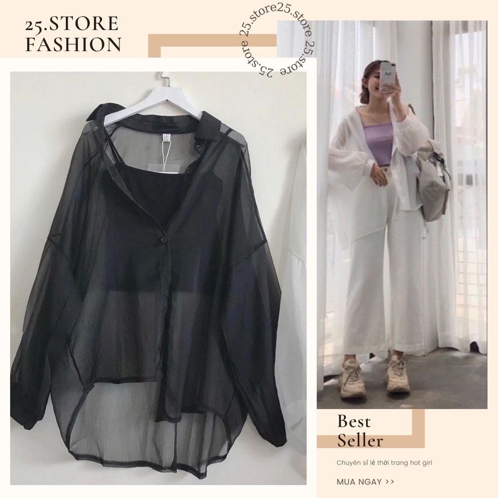 Set áo sơ mi voan mỏng kèm áo 2 dây thun bozip êm đẹp