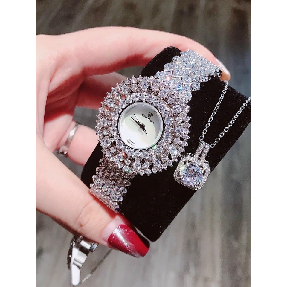Đồng Hồ Nữ Royal Crown Chính Hãng Hoa Tuyết Mặt Khảm Trai Đính Đá Tràn Viền Siêu Lấp Lánh