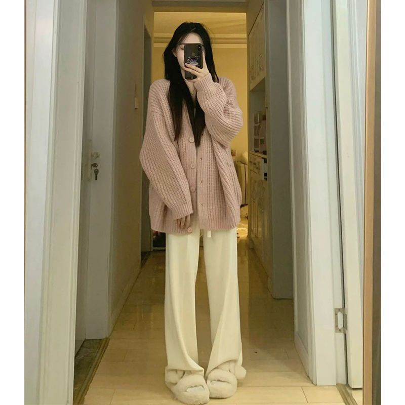 Jiashucheng Áo Khoác Cardigan Dệt Kim Dáng Rộng Mềm Mại Màu Hồng Sáp Phong Cách Preppy Ngọt Ngào Mùa Thu Đông Cho Nữ Sinh