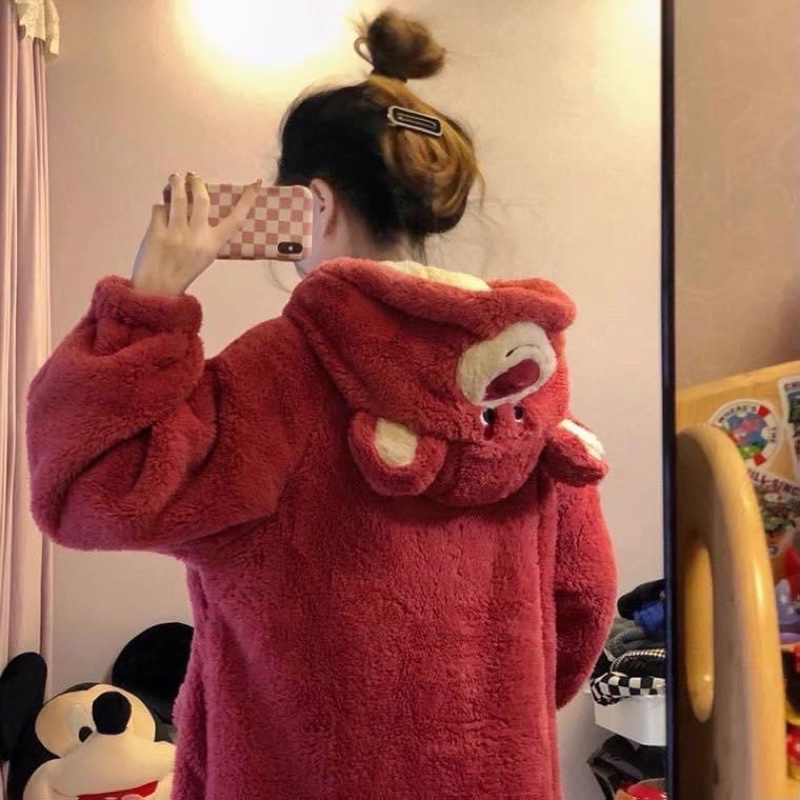Áo choàng nỉ lông thỏ gấu dâu tây LOTSO siêu xinh ( freesize từ 40kg-69kg )