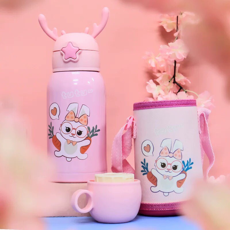 Bình Nước Giữ Nhiệt Đáng yêu Cho Bé  Lõi Thép Không Gỉ 316 Kèm Túi Đeo