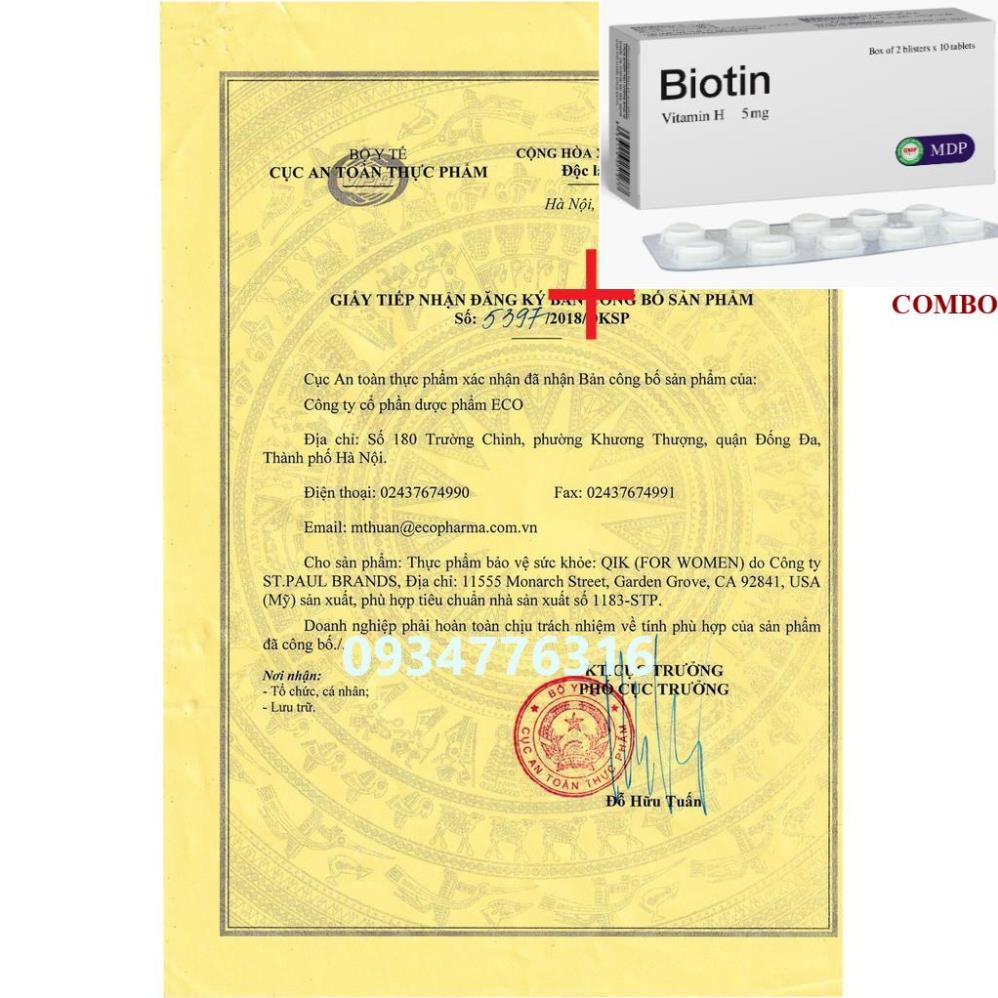 Combo Biotin 5mg+ Viên uống QIK HAIR (cho Nữ) giảm rụng, mọc tóc chắc khỏe (30 viên)