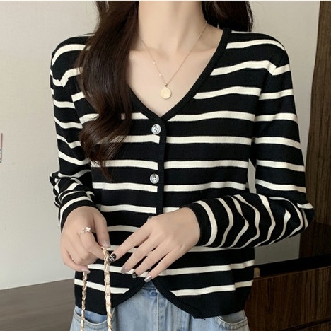 Áo Khoác Cardigan Len Dệt Kim Mỏng Cổ V Kẻ Sọc Cỡ Lớn Thời Trang Mùa Thu Cho Nữ