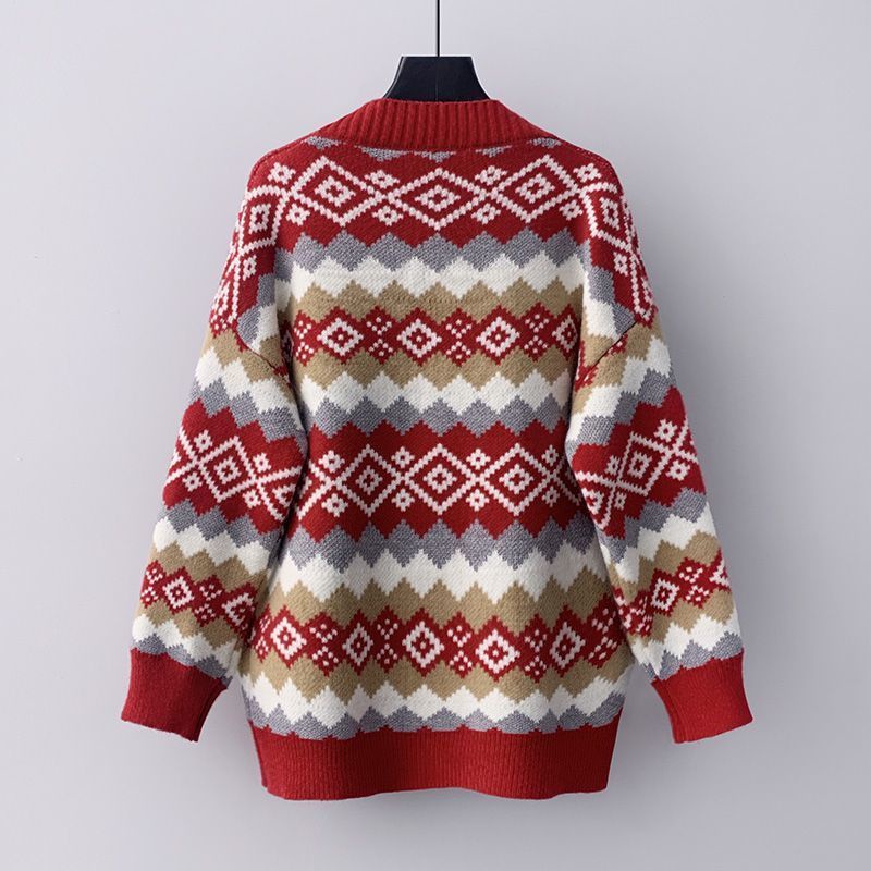 Áo Khoác Cardigan Cổ Chữ V Họa Tiết Kẻ Sọc Màu Đỏ Tương Phản Phong Cách Năm Mới Thời Trang Mùa Thu Cho Nữ