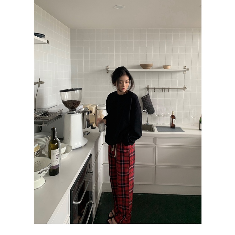 Quần Dài Ống Rộng Họa Tiết Sọc Caro Phong Cách Vintage