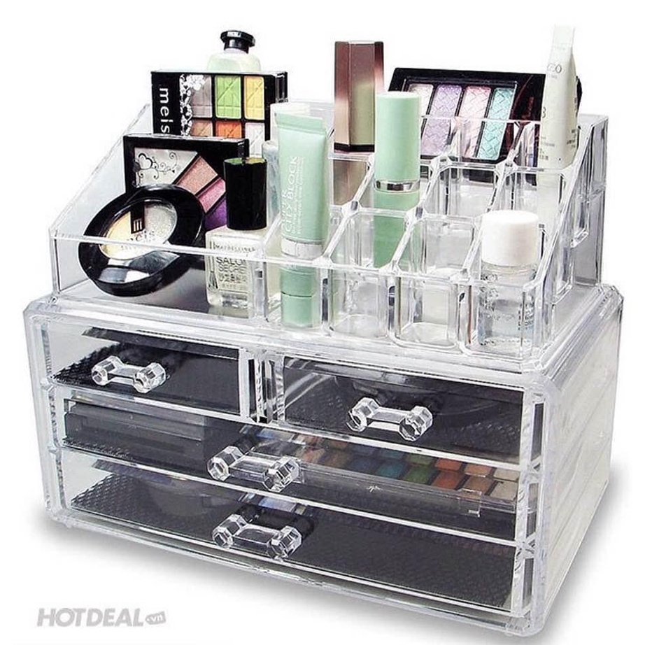 Kệ để mỹ phẩm nhựa meka trong suốt, khay để mỹ phẩm 4 tầng có ngăn kéo