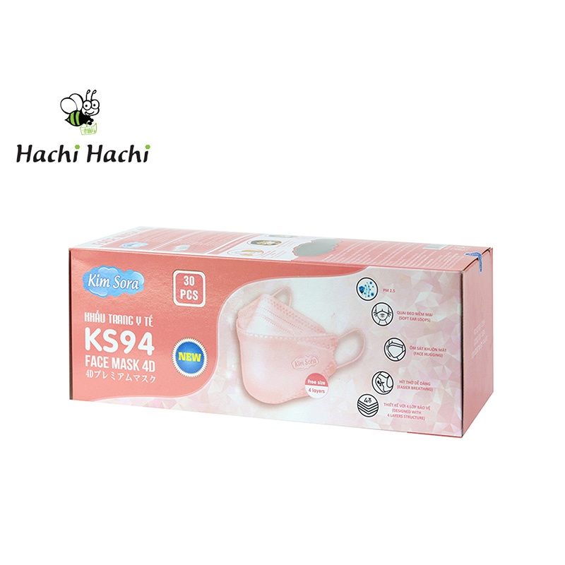 Khẩu trang Y tế Kim Sora KS94 4D chống bụi, vi khuẩn 4 lớp màu trắng, hồng, đen (30 cái) - Hachi Hachi Japan Shop
