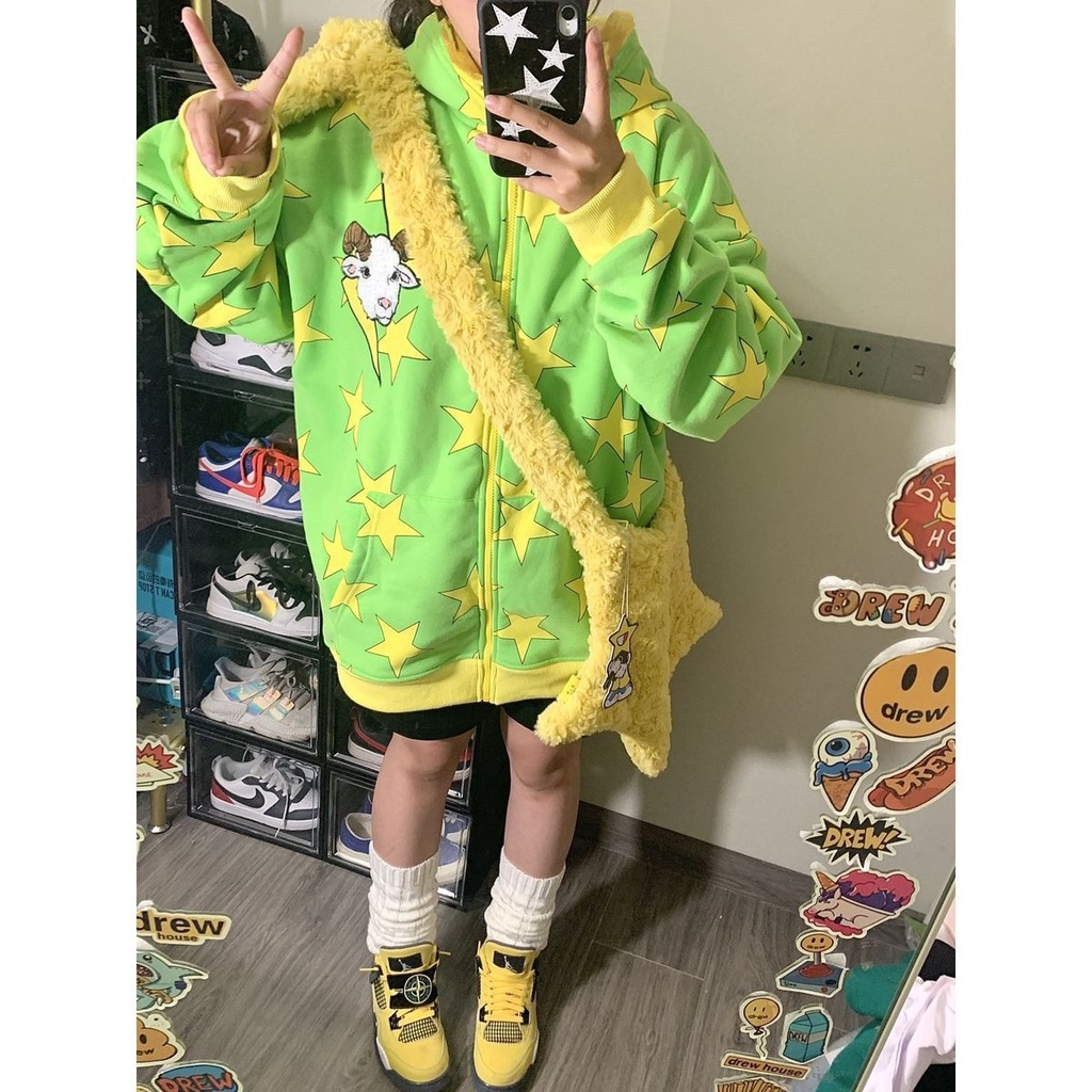 Áo Khoác Hoodie Dáng Rộng Thêu Hình Ngôi Sao Màu Sắc Tương Phản Phong Cách Mỹ Cho Cặp Đôi