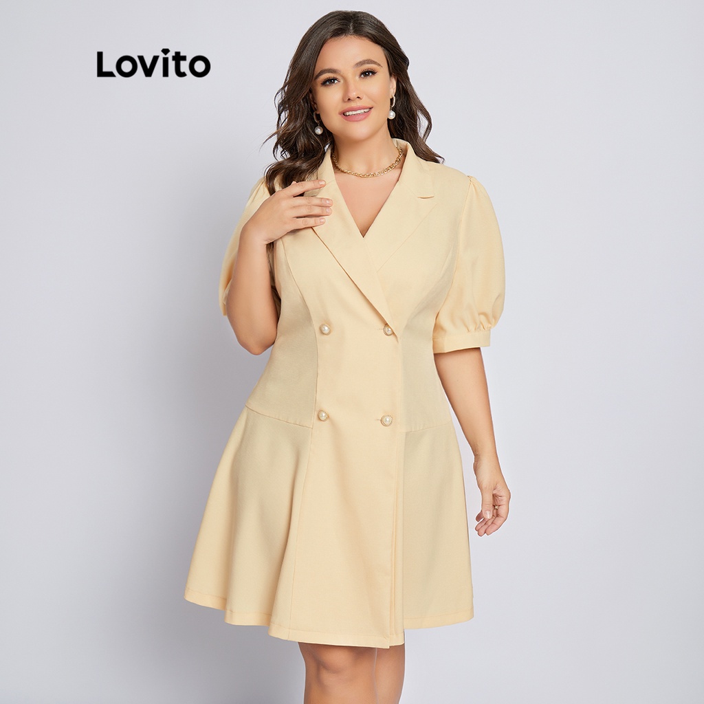 Đầm Lovito plus size chữ A màu trơn thanh lịch có nút trước tay phồng cho nữ LPS04054 (màu mơ)