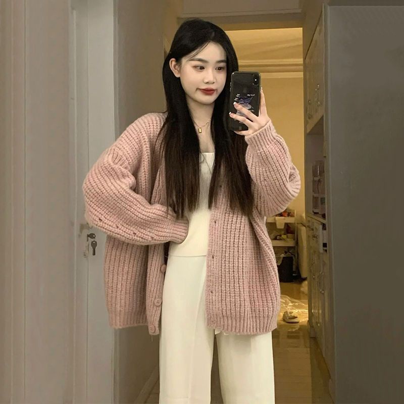 Jiashucheng Áo Khoác Cardigan Dệt Kim Dáng Rộng Mềm Mại Màu Hồng Sáp Phong Cách Preppy Ngọt Ngào Mùa Thu Đông Cho Nữ Sinh